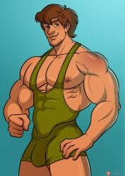 1boy abs beard biceps big_muscles brown_hair bulge chest clothing daddy facial_hair gay green_outfit human human_only kappax light-skinned_male light_skin male male_nipples male_only mammal manly mature mature_male mature_man muscles muscular muscular_male nipples pecs scooby-doo shaggy_rogers smiling solo solo_male