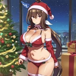 admire_vega_(umamusume) ai_generated animal_ears breasts brown_hair female half_ponytail horse_girl long_hair purple_eyes santa_costume umamusume umamusume_pretty_derby