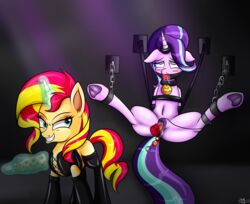 anal anal_beads ball_gag bondage bound collar dildo elbow_gloves equine female friendship_is_magic gag gloves horn legwear magic_inhibitor mammal my_little_pony novaspark paddle ring rubber saliva sex_toy starlight_glimmer sunset_shimmer tag thighhighs unicorn vaginal_penetration