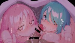 1boy 2girls bar_censor blue_eyes blue_hair censored commentary cooperative_fellatio cum cum_on_body cum_on_penis fellatio ffm_threesome group_sex hata_no_kokoro heart heart-shaped_pupils heterochromia looking_at_viewer multiple_girls oral penis pink_eyes pink_hair piyodesu red_eyes symbol-shaped_pupils tatara_kogasa teamwork_(sexual) threesome touhou under_covers