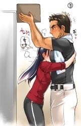 1boy 1girls baseball_uniform blush female heart height_difference hug indoors long_hair male muscular muscular_male original pecs straight sweat text tomto track_jacket twintails