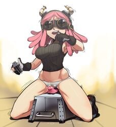 1girls bad_pixiv_id breasts enjoying female female_only gloves goggles gradient gradient_background holding machine masturbation mei_hatsume midriff my_hero_academia open_mouth panties polyle pussy_juice riding sex_machine shoes sneakers solo source_request sweat sybian tank_top underwear