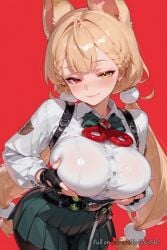 2025 ai_generated alice_thymefield animal_ears bangs black_gloves black_skirt blonde_hair blush bow bowtie braid breasts chest_harness closed_mouth collared_shirt cowboy_shot female female female_focus fingerless_gloves gloves grabbing_own_breast hair_ornament heterochromia hoyoverse large_breasts long_hair long_sleeves looking_at_viewer low_twintails mihoyo nsfw pantyhose pleated_skirt pom_pom_hair_ornament red_background red_eyes rognezart shirt simple_background skirt smile solo suspenders twintails very_long_hair white_shirt yellow_eyes zenless_zone_zero