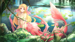 1girls blonde_hair breasts bzerox female female_only flowers jpeg leaves long_hair mermaid navel no_bra original pink_eyes signature signed solo topless tree water water_lily