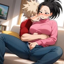 1boy 1girls ai_generated boku_no_hero_academia couple katsuki_bakugou my_hero_academia sensual yaoyorozu_momo