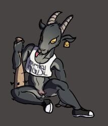 2023 andromorph anthro baseball_bat bat_(object) bottomless bovid caprine clothed clothing coffee_stain_studios crop_top cuntboy degeneroid ear_piercing ear_tag epic_games female_(lore) footwear fortnite fur genitals goat goat_simulator grey_background grey_body grey_fur holding_baseball_bat horizontal_pupils horn intersex mammal muscular muscular_andromorph muscular_anthro muscular_intersex piercing pilgor_(goat_simulator) pupils pussy shirt shoes simple_background solo text text_on_clothing text_on_topwear tongue tongue_out topwear topwear_only yellow_eyes