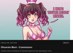 bunny_ears commission d4dj english_dialogue fanbox_reward medium_breasts ohnaruto_muni pink_bra playboy_bunny_costume satosatori solo_focus