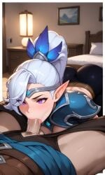 1girls ai_generated ass_focus big_ass black_legwear blowjob blue_topwear elf female hair_over_one_eye miya miya_(mobile_legends) mobile_legends pixai ponytail white_hair