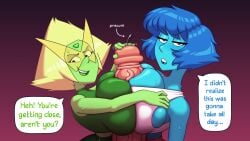 1boy 2girls annoyed azai big_breasts big_penis clothed_paizuri clothed_sex collaborative_paizuri double_paizuri english_text handjob lapis_lazuli_(steven_universe) looking_at_viewer male_pov paizuri penis peridot_(steven_universe) precum steven_universe sweat