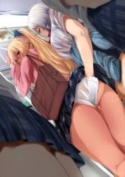 blonde_hair blue_bow blue_bowtie blush bow bowtie braid breasts chikan cleavage collared_shirt dark-skinned_female dark_elf dark_skin diagonal-striped_bow diagonal-striped_bowtie diagonal-striped_clothes elf fingering fumihiko_(fu_mihi_ko) fumihiko_(pixiv2658856) grabbing_from_behind green_eyes grey_hair groping hairbow hand_in_another's_panties hand_in_panties hand_under_clothes high_ponytail highres hololive hololive_fantasy hololive_japan large_breasts lesbian long_hair medium_hair molestation multicolored_hair multiple_girls official_alternate_hairstyle panties plaid_clothes plaid_skirt pleated_skirt pointy_ears ponytail public_indecency school_uniform sexual_harassment shiranui_flare shirogane_noel shirogane_noel_(school_uniform) shirt shirt_tucked_in sidelocks skirt smile streaked_hair striped_bow striped_bowtie striped_clothes tented_shirt train_interior underwear virtual_youtuber white_shirt yuri