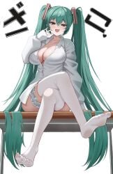 alternate_breast_size aqua_hair blush breasts cleavage collarbone collared_shirt crossed_legs dress_shirt egyptian_toe feet female full_body garter_belt grey_eyes hand_up hatsune_miku highres large_breasts long_hair long_sleeves looking_at_viewer mesugaki_miku mimukauwa_nice_try_(vocaloid) naked_shirt nannanana3939 naughty_face no_shoes oerba_yun_fang open_mouth shirt simple_background sitting skin_fang solo thighhighs twintails very_long_hair vocaloid white_background white_shirt white_thighhighs