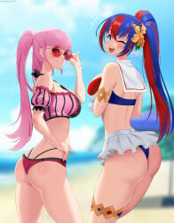 2girls alear_(female)_(seaside_dragon)_(fire_emblem) alear_(fire_emblem) alear_(fire_emblem)_(female) artist_request ass beach bikini blue_eyes blue_hair blurry blurry_background breasts day eyebrows_visible_through_hair fire_emblem fire_emblem_engage fire_emblem_heroes hair_ornament hilda_valentine_goneril hilda_valentine_goneril_(summer) long_hair looking_at_viewer multicolored_hair multiple_girls nintendo one_eye_closed open_mouth pink_hair ponytail red_hair smile streaked_hair sunglasses swimsuit