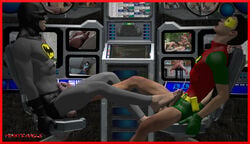 2boys 3d barefoot batman batman_(series) dc dc_comics dick_grayson domino_mask ejaculation erection footjob gay gloves legs_held_open male male_only minxtravels orgasm_face penis_size_difference robin_(dc) robin_(dick_grayson) watching_porn yaoi