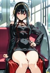 ai_generated black_dress black_hair blurry_background closed_mouth covered_navel depth_of_field female hand_on_own_hip long_sleeves looking_at_viewer red_eyes scenery sitting small_breasts solo spy_x_family thighs train_interior yor_briar