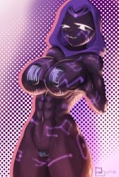 1girls :3 abs athletic athletic_female big_breasts black_body breast_press breast_squeeze breasts chrona_(chronoscorrupts) dark_body fozuna hoodie naked naked_female nipples pasties purple_nipples robot robot_girl robot_humanoid solo solo_female thick_thighs