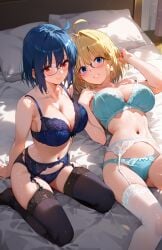 2girls ai_generated arcueid_brunestud bed blonde_hair blue_eyes blue_hair bra ciel_(tsukihime) garter_belt glasses high_thighs large_breasts midriff navel panties pillow red_eyes thighhighs tsukihime underwear