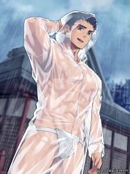 1boy abs armpits arms_up bandaid bandaid_on_cheek bandaid_on_face biceps big_areola big_breasts big_bulge black_eyes black_hair bulge bulge_through_clothing cloudy_sky collarbone cowboy_shot ebitendon erect_nipples frown fundoshi gay hands_behind_head hi_res looking_down male male_breasts male_only manly mature_male muscles muscular muscular_arms muscular_male navel open_mouth oppai original original_character outdoors pecs raincoat raining rokushaku_fundoshi see-through see-through_clothing short_hair shrine six_pack sky solo standing sweat sweatdrop thick_eyebrows torakichi_(ebitendon) torakitchen transparent_clothing transparent_raincoat wet wet_clothes white_fundoshi yaoi young