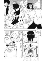 2girls 4boys anal areola big_breasts black_and_white comic dialogue double_penetration doujinshi erect_nipples franky grabbing grabbing_breasts huge_breasts monkey_d_luffy nami_(one_piece) nico_robin nipples one_piece orgy sanji sex text text_bubble usopp vaginal_penetration