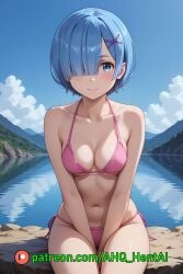 1girls ahq_hentai ai_generated bikini blue_hair blush breasts lake medium_breasts patreon perfect_body pink_bikini re:zero_kara_hajimeru_isekai_seikatsu rem_(re:zero) shy sitting stable_diffusion