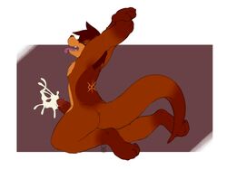 1boy 2015 brown_fur brown_hair closed_eyes cum cumshot ejaculation fur hair kneeling male male_only mammal mustelid open_mouth orgasm otter redras_shoru simple_background solo stretching tongue tongue_out