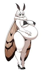 areola_slip arthropod_humanoid bikini black_bikini black_eyes cameltoe closed_mouth covered_erect_nipples hand_on_belly heels huge_belly huge_breasts humanoid hyper_belly milf moth moth_girl nipple_bulge original original_character pregnant smile thick_thighs white_hair wide_hips