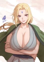 1girls blonde_hair breasts cleavage coat coat_on_shoulders collarbone facial_mark female forehead_mark fujii_eishun green_coat grey_tunic haori highres huge_breasts kimono naruto naruto_(series) naruto_shippuden pink_lips smile solo tsunade tunic upper_body voluptuous