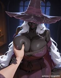 1boy 1girls ai_generated bare_shoulders black_skin cleavage covered_eyes dark_skin elden_ring elden_ring_nightreign female female_focus grabbing_another's_breast guided_breast_grab guiding_hand huge_breasts indoors light-skinned_male lips lucyla male_focus nipples one_breast_out patreon_username pov_hands purple_dress recluse_(elden_ring) recluse_(nightreign) sitting smile solo_focus straight white_hair witch_hat