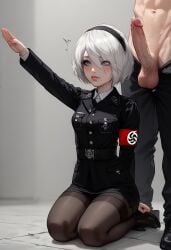 1boy1girl ai_generated asian_female big_penis black_uniform faceless_male nazi nier:_automata nude_male white_male wolfsangel yorha_2b