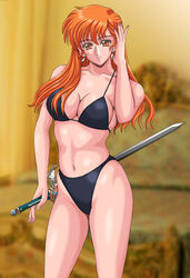 bed bikini cleavage curtains earrings female female_only head_tilt holding_weapon koutenki-en nail_polish navel orange_eyes orange_hair silegy smile standing sword tear_ring_saga tear_ring_saga:_utna_heroes_saga verna_(tear_ring_saga) weapon