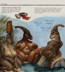 absurd_res anthro areola artist_name bathing big_areola big_breasts biped bowl breasts charonosaurus closed_eyes colored container day dialogue dinosaur english_text female fingers genitals group hadrosaurid hand_on_breast hi_res huge_breasts humanoid_genitalia humanoid_hands humanoid_vulva lake leaf markings muffin_top navel nipples non-mammal_breasts non-mammal_nipples nude nude_anthro nude_female olorotitan onola_(upai) ornithischian ornithopod outside pangaea_(upai) parasaurolophus prehistoric_species reptile scalie sereana_(upai) side_boob sitting slightly_chubby slightly_chubby_anthro slightly_chubby_female soap spread_legs spreading story_in_picture striped_markings stripes tail talking_to_another text trio upai vulva washboard water