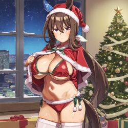 admire_vega_(umamusume) ai_generated animal_ears breasts brown_hair female half_ponytail horse_girl long_hair purple_eyes santa_costume umamusume umamusume_pretty_derby