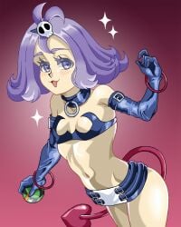 :3 acerola_(pokemon) ahoge alternate_costume belly crossover curvy curvy_figure disgaea etna etna_(cosplay) female_focus female_only flat_chest hair_ornament long_gloves miniskirt pale-skinned_female pale_skin pokemon pokemon_sm purple_hair schlumper solo solo_female stomach thick_thighs