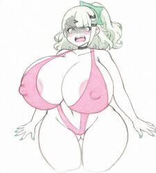 1girls aged_up ai_generated alternate_breast_size angels_of_delusion blush choker collarbone covered_erect_nipples frustrated green_nails navel open_mouth pixai shaded_face sketch stable_diffusion sunna_(zenless_zone_zero) swimsuit zenless_zone_zero