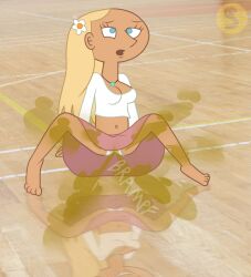 1girls 2025 4_fingers 4_toes barefoot bellybutton blonde_female blonde_hair blue_eyes cleavage colored colored_outline fart fart_fetish farting female flower_in_hair gym long_hair long_hair_female miracle_grohe nervous onomatopoeia photo_background photorealistic pink_skirt reflection relieved sit_down_shut_up sitting smiling solo_female solo_focus spread_legs stinkify style_parody tank_top upskirt watermark white_panties white_shirt white_skin