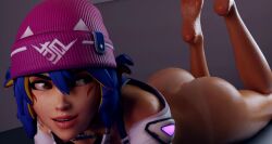 3d antifragile_kira-kira ass ass_focus barefoot blonde_female blonde_hair blue_hair feet female kiriko_(overwatch) le_sserafim overwatch overwatch_2 pink_hat soles yellow_hair