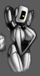 breasts cleavage female glados glados_(humanoid) greyscale large_breasts no_mouth polygonalfish portal_(series) robot robot_girl sling_bikini solo solo_female yellow_eyes