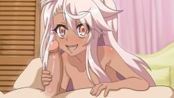 1boy 1girls bedroom chloe_von_einzbern dark-skinned_female dark_skin fate/kaleid_liner_prisma_illya fate_(series) female handjob male naked nepiris nude nude_female penis pink_hair