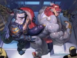 2025 2_horns abs accessory alvintanubis ankleband anthro arm_markings arm_scar biceps big_grin big_penis black_claws black_sclera blue_body blue_scales caution_stripes cheek_scar chest_markings claws clothing deltoids dragon dummy duo dylan_(alvintanubis) eye_scar facial_scar facial_spikes fin fin_scar finger_claws fingerless_gloves fish forearm_muscles furgonomics genital_piercing genitals gills gloves golden_markings green_eyes grey_clothing grey_gloves grey_handwear grey_skinsuit grin hand_on_butt handwear harness head_spines hi_res holding_tail horn inside larger_anthro larger_male larger_penetrated legband male male/male marine markings mostly_nude multicolored_body multicolored_scales muscular muscular_anthro muscular_male mythological_creature mythological_scalie mythology nipple_piercing nipple_ring nipples open_mouth pecs penetration penis penis_piercing piercing prince_albert_piercing red_body red_eyes red_scales ring_piercing scales scalie scar shark shoulder_markings shoulder_scar size_difference skinsuit smaller_anthro smaller_male smile spikes spikes_(anatomy) superhero superhero_costume tail tail_accessory tail_scar tailband tan_body tan_scales tight_clothing toe_claws two_tone_body two_tone_scales vein veiny_penis warehouse white_body white_scales yibian_sz