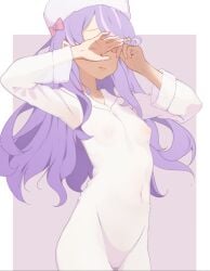 anastasia_hoshin bow covered_navel covering_own_eyes dress female hair_ornament hat highres light_frown long_hair nipples pink_bow purple_hair pussy re:zero_kara_hajimeru_isekai_seikatsu salacia014 see-through_clothes solo star_(symbol) star_hair_ornament white_dress white_hat