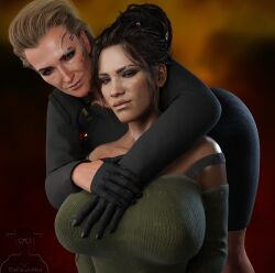 2girls 3d age_difference bangs big_breasts black_hair blender blender_(software) breasts business_woman cd_projekt_red cleavage curvy cyberpunk cyberpunk_2077 dark-skinned_female dark_hair female female_only large_breasts light-skinned_female light_skin looking_at_viewer meredith_stout milf native_american panam_palmer photoshoot pose posing sitting slicked_back_hair solo suit sweater theduudeman yuri