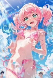 ai_generated almost_naked bikini bikini_removed green_eyes honkai:_star_rail hyacine_(honkai:_star_rail) people_in_background pink_hair raaicave scared_expression sky_background sunny