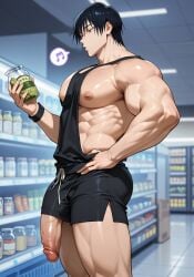 abs ai_generated balls big_pecs black_hair daddy derivative_work dilf flaccid flaccid_penis idoraad jujutsu_kaisen lilprincyvi male male_focus male_only mature_male muscular muscular_male musical_note nipples pecs penis penis_out side_view sidepec solo solo_male toji_fushiguro
