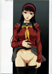 amagi_yukiko black_eyes black_hair breasts censored female female_only hairband large_breasts legs long_hair long_sleeves looking_at_viewer mosaic_censoring mound_of_venus no_panties pantyhose parted_lips persona persona_4 pussy school_uniform shaved_pussy skirt skirt_lift smile solo standing thighs undressing urushihara_satoshi