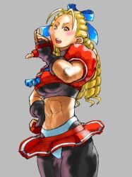 2d abs artist_request athletic athletic_female bare_midriff blonde_hair brown_eyes busty drill_hair female female_focus female_only hourglass_figure karin_kanzuki long_hair navel school_uniform schoolgirl street_fighter wide_hips