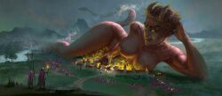2025 army big_breasts breasts demon destruction digital_media_(artwork) female fire group horn humanoid knight larger_female lying macro mammal melee_weapon micro mountain nude plant polearm sasha_shkip scenery size_difference smoke spear sword tail torch tree warrior weapon