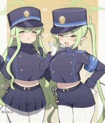 2girls big_breasts blue_archive censored d_jirooo earrings elf elf_female female gif green_hair halo hat hikari_(blue_archive) jewelry l light-skinned_female light_skin long_hair looking_at_viewer multiple_girls nozomi_(blue_archive) peaked_cap pointy_ears siblings sisters tagme twins twintails video white_background yellow_eyes