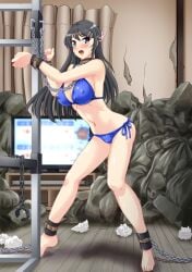 absurdres animal_ear_hairband animal_ears ass ass_focus barefoot bikini black_hair black_leotard black_pantyhose black_shoes blue_bikini blue_one-piece_swimsuit bondage breasts chains commission competition_swimsuit covered_erect_nipples covered_navel cuffs curtains fake_animal_ears female full_body hair_ornament hairband hairclip high_heels highres inset leotard long_hair medium_breasts multicolored_clothes multicolored_swimsuit multiple_views nao_takami navel one-piece_swimsuit open_mouth pantyhose playboy_bunny purple_eyes rabbit_ears rabbit_tail restrained sakurajima_mai seishun_buta_yarou seishun_buta_yarou_wa_bunny_girl_senpai_no_yume_wo_minai shackles shadow shoes side-tie_bikini_bottom skeb_commission solo straight strapless strapless_leotard swimsuit tail television trash_bag used_tissue wrist_cuffs