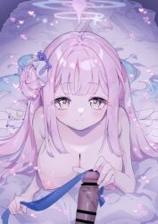 1boy angel_wings bar_censor blue_archive blush breasts censored cleavage closed_mouth collarbone feathered_wings female flower hair_bun hair_flower hair_ornament hair_ribbon halo huge_breasts long_hair looking_at_viewer low_wings male mika_(blue_archive) mochitsuki_kagami mosaic_censoring nipples penis pink_hair pink_halo purple_flower ribbon single_side_bun smile solo_focus white_ribbon white_wings wings yellow_eyes