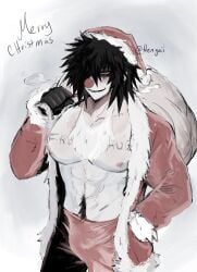 2d 2d_(artwork) abs bulge_through_clothing clown clown_makeup dark_eyes digital_art digital_drawing_(artwork) digital_painting_(artwork) emo_hair free_hugs fur_coat hengaii male male_only muscular muscular_male santa_costume santa_hat smirk tattoo_on_chest uncle_jim