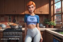 1girls ai_generated artist_name ass_visible_through_thighs ben_10 ben_10_(classic) blue_shirt bowl breasts cartoon_network contrapposto cowboy_shot crop_top cropped_shirt day earrings faucet food green_eyes gwen_tennyson gwen_tennyson_(classic) hair_ornament hairclip hi_res high-waist_pants indoors jewelry kitchen lips looking_at_viewer makeup medium_breasts midriff orange_hair oven pants parted_lips patreon_username plant potted_plant progenarts raglan_sleeves shirt short_hair short_sleeves sink solo standing swept_bangs tight_clothes tight_pants warner_brothers web_address white_pants window younger_female